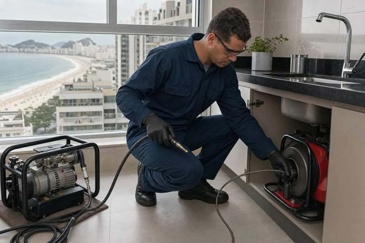 Profissional de desentupidora atendendo em Copacabana com equipamento de hidrojateamento