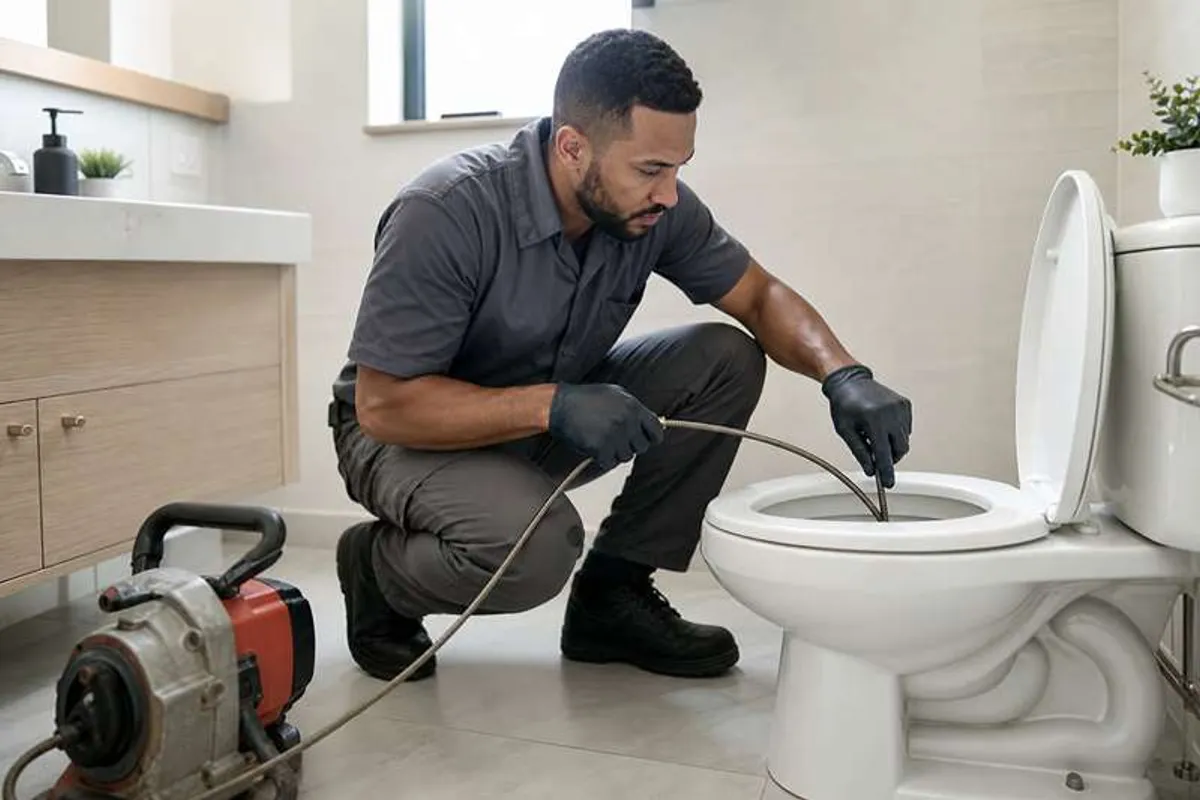 Técnico desentupindo vaso sanitário com sonda flexível em Copacabana