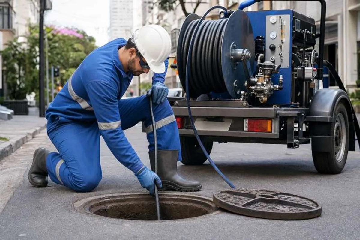 Técnico operando hidrojateamento em rede de esgoto em Copacabana